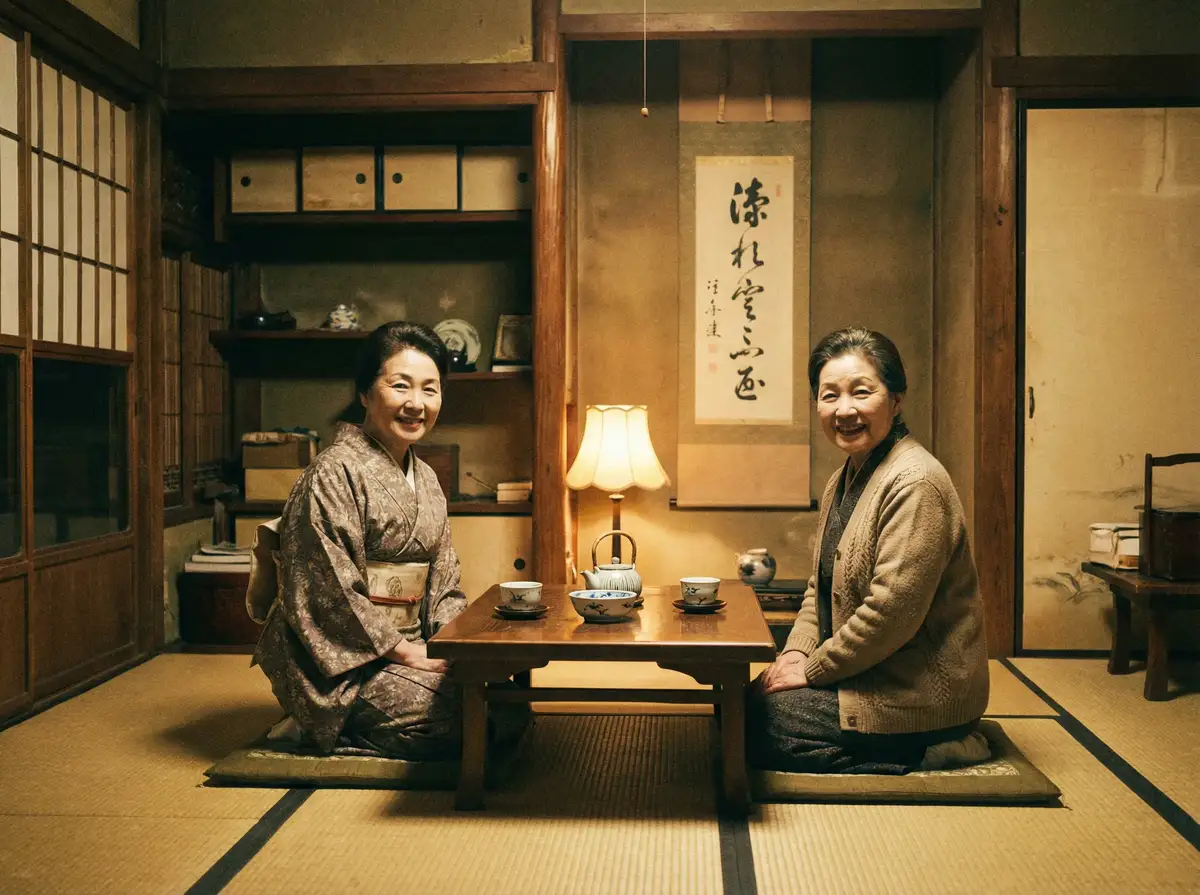 两位优雅的 寸止大赛-精彩赛事直播|免费参与|官方平台 在日式茶室中品茶交谈